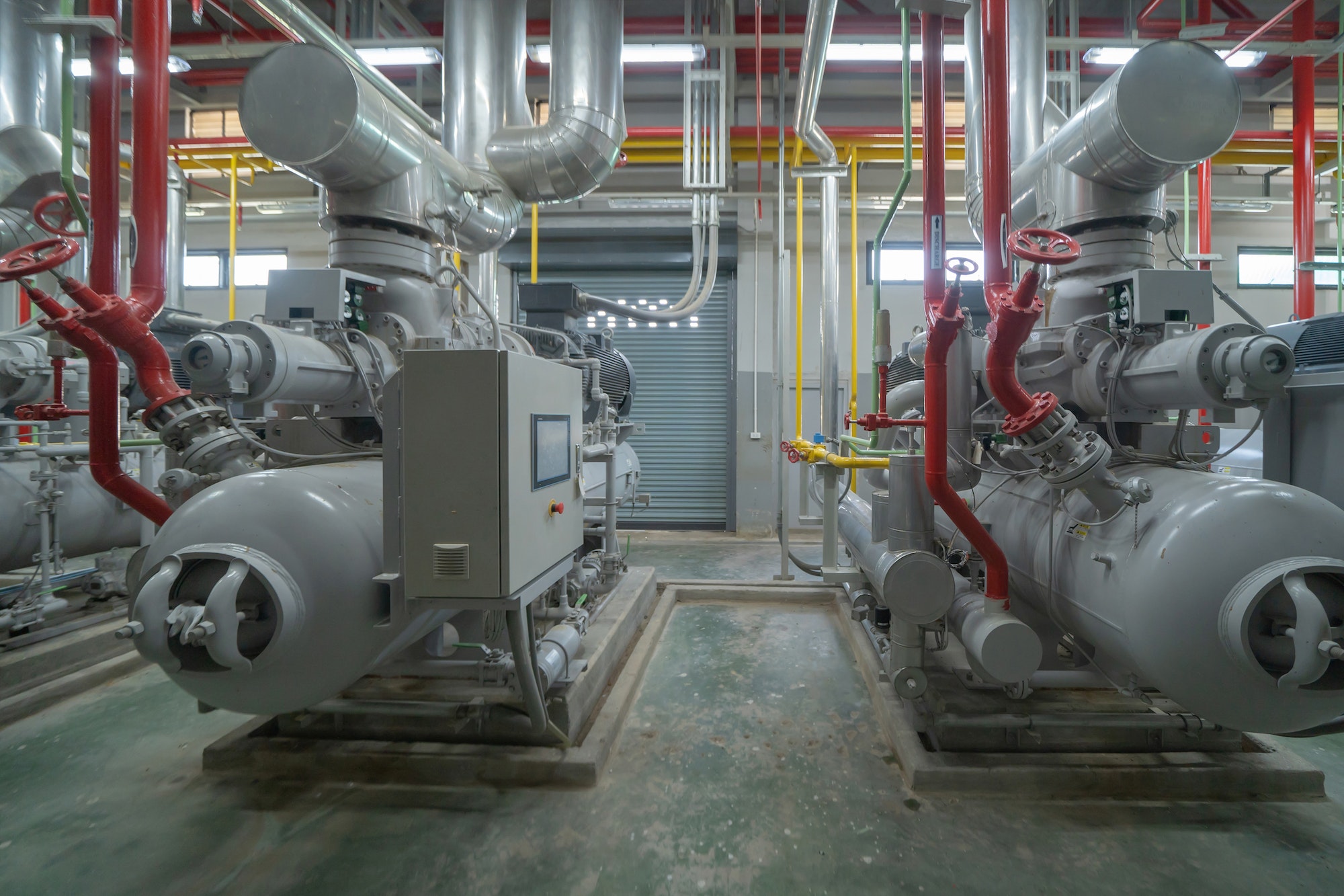 Industry factory. Cooling tower in building. System work machine. Water Supply and return pipe lines