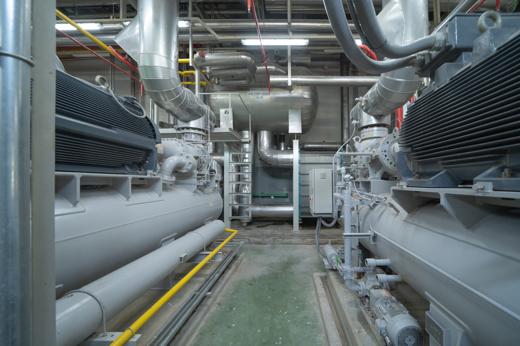 Industry factory. Cooling tower in building. System work machine. Water Supply and return pipe lines